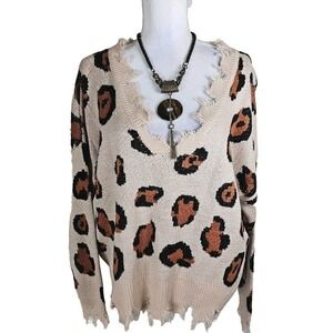 Miracle USA Cheetah Print Cotton Sweater Distressed Boho, V- Neck Size M/L.
